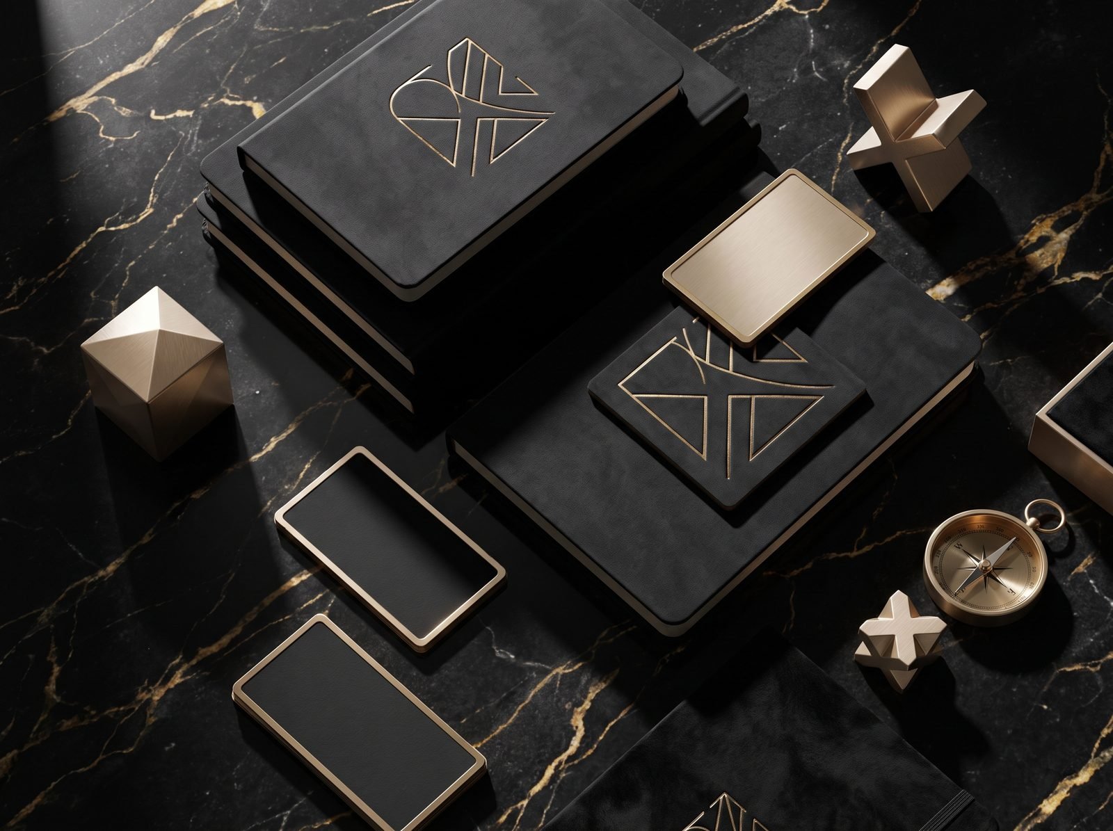 Brand collateral in gold foil on black marble